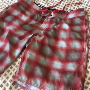 Volcom Red Sage Green Check Board Shorts
